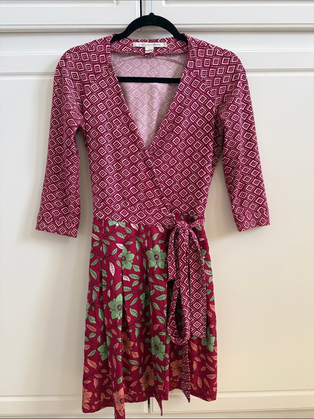 Diane Von Furstenberg Raspberry and Green Mixed-Print Wrap Dress